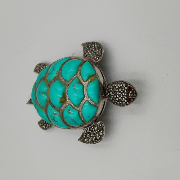 Sterling Silver Marcasite Sea Turtle Brooch/Pendant with Multistone Turquoise - Picture 3 of 4